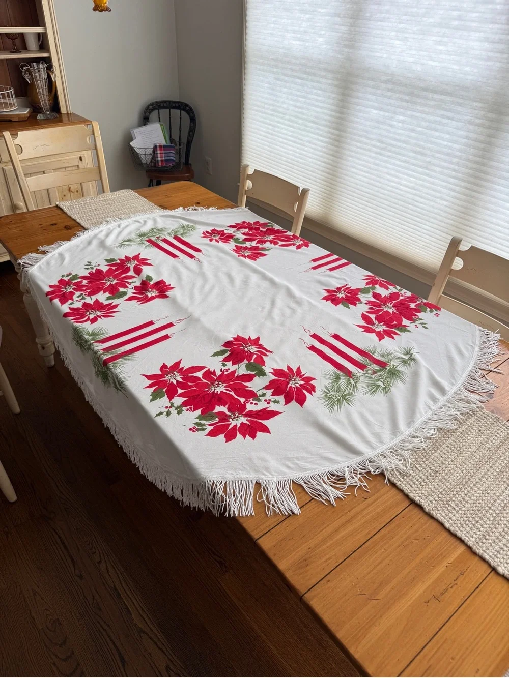 Round Christmas Tablecloth 62” Poinsettia Candle Fringe Mid Century Holiday